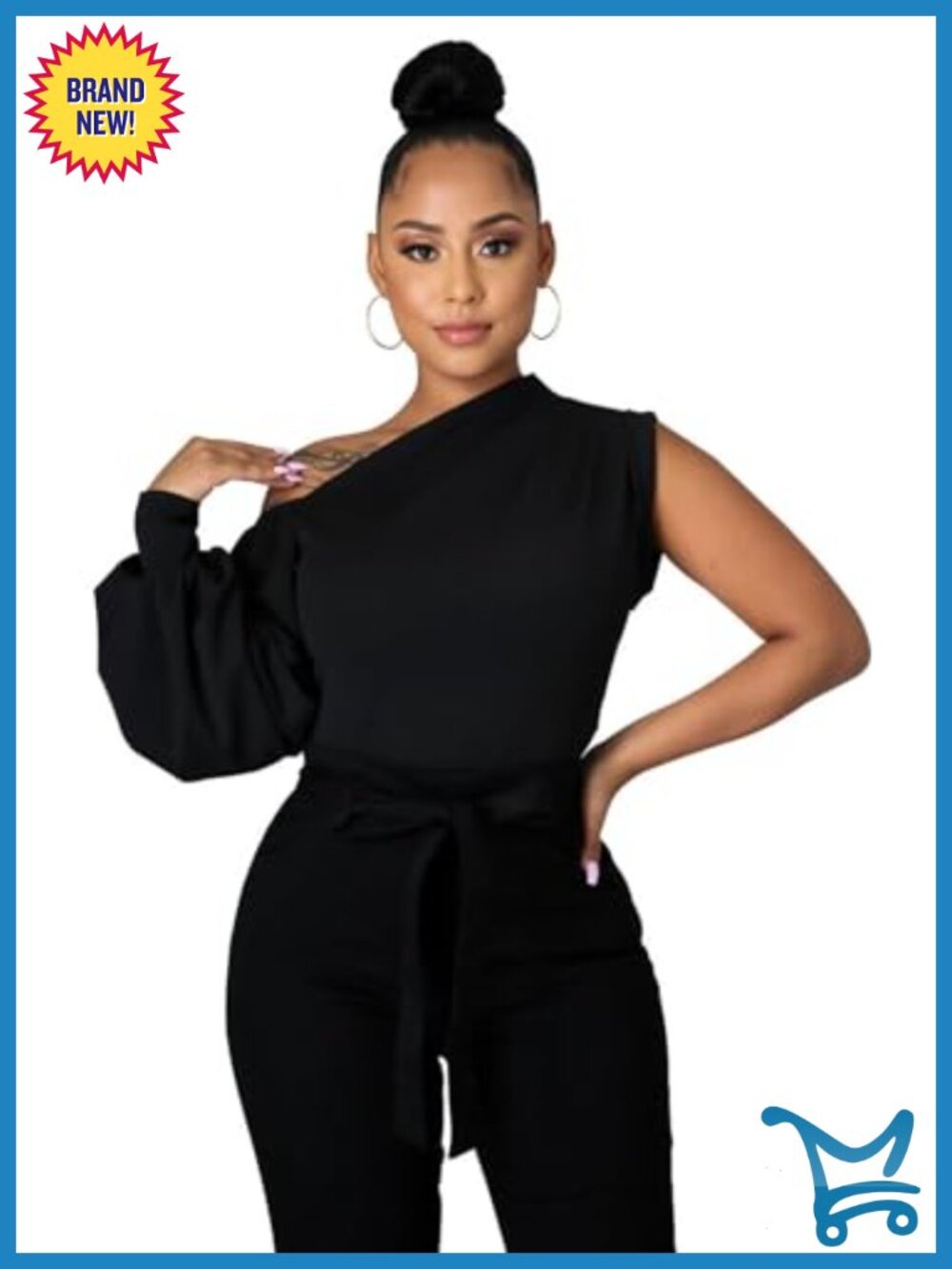 Women One Shoulder Puff Sleeve Ruffle High Low Asymmetrical Tunic Blouse